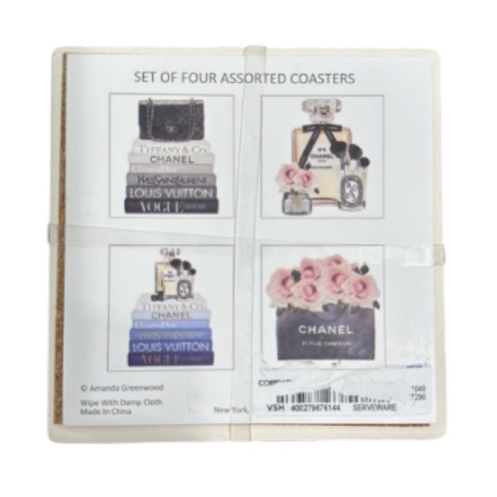 set of 4 Coasters Chanel Tiffany Louis Vuitton Dior YSL Amanda Greenwood license